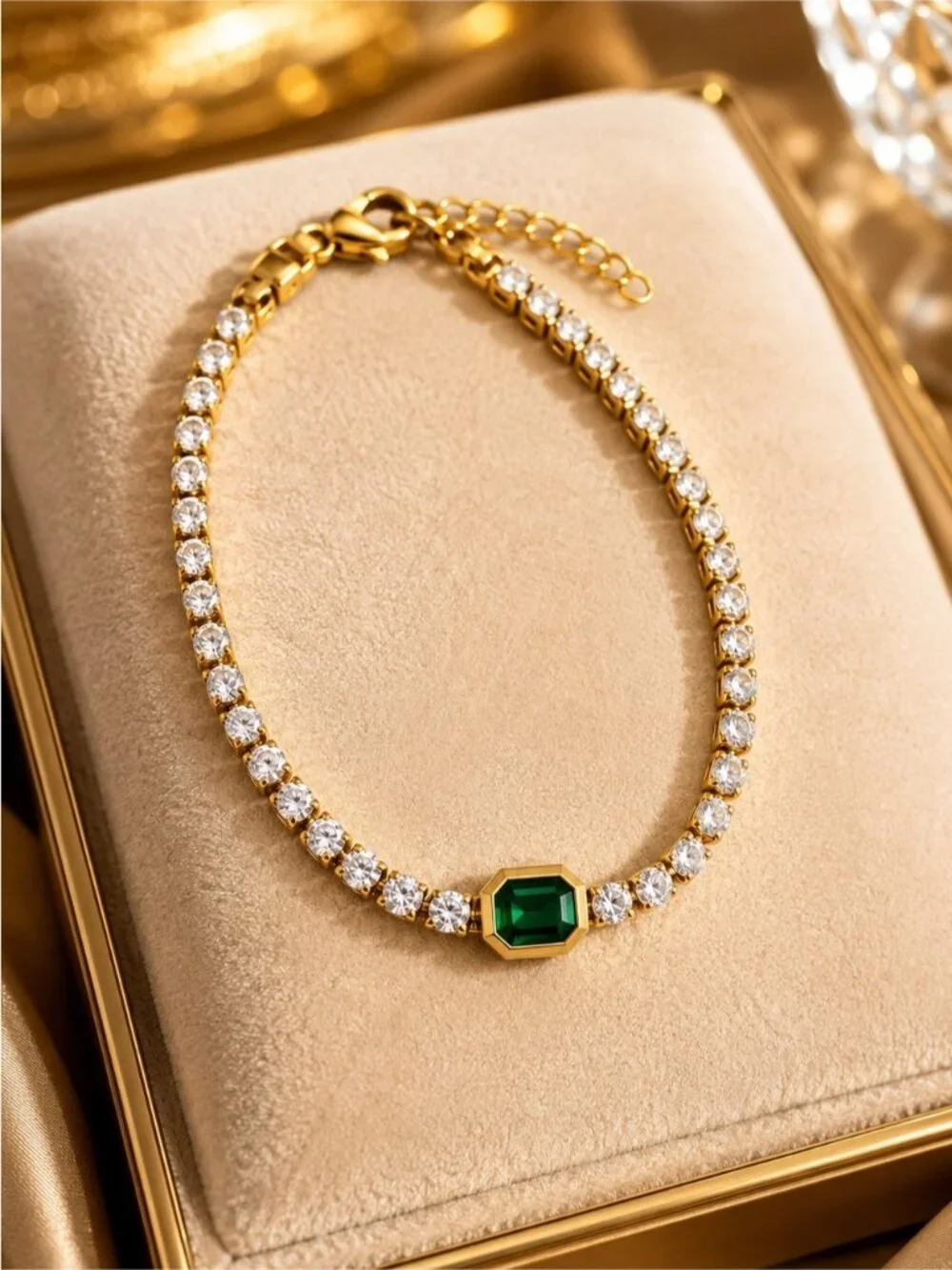 Gold tone Tennis Bracelet with Emerald Green Stone